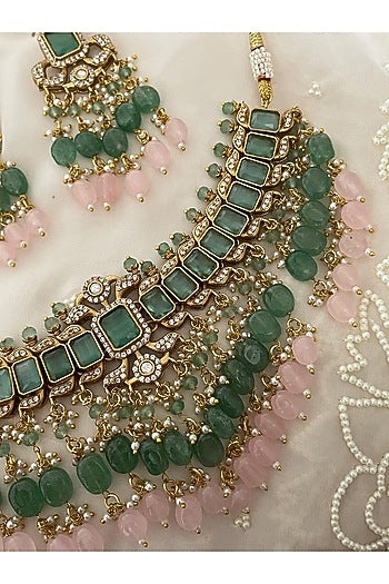 Gold Finish Kundan Polki & Blush Pink Beaded Choker Necklace Set
