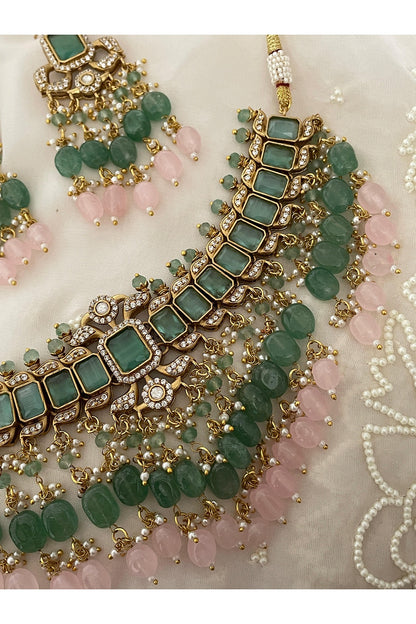 Gold Finish Kundan Polki & Blush Pink Beaded Choker Necklace Set