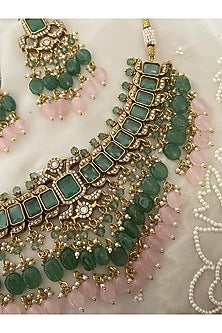 Gold Finish Kundan Polki & Blush Pink Beaded Choker Necklace Set