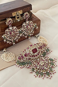 Gold Finish Kundan Polki & Pearl Choker Necklace Set