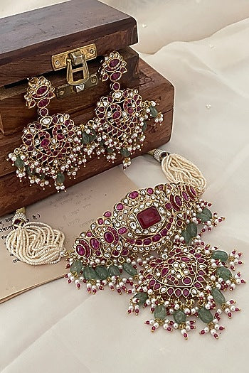 Gold Finish Kundan Polki & Pearl Choker Necklace Set