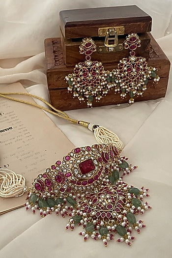 Gold Finish Kundan Polki & Pearl Choker Necklace Set