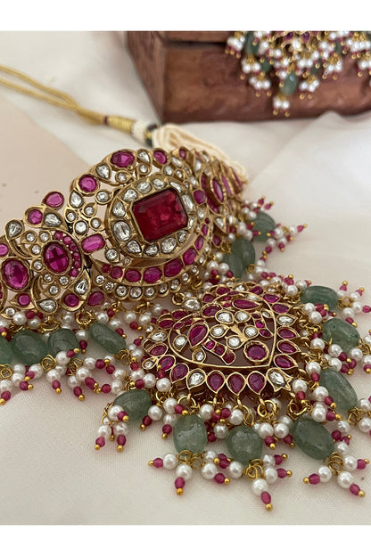 Gold Finish Kundan Polki & Pearl Choker Necklace Set