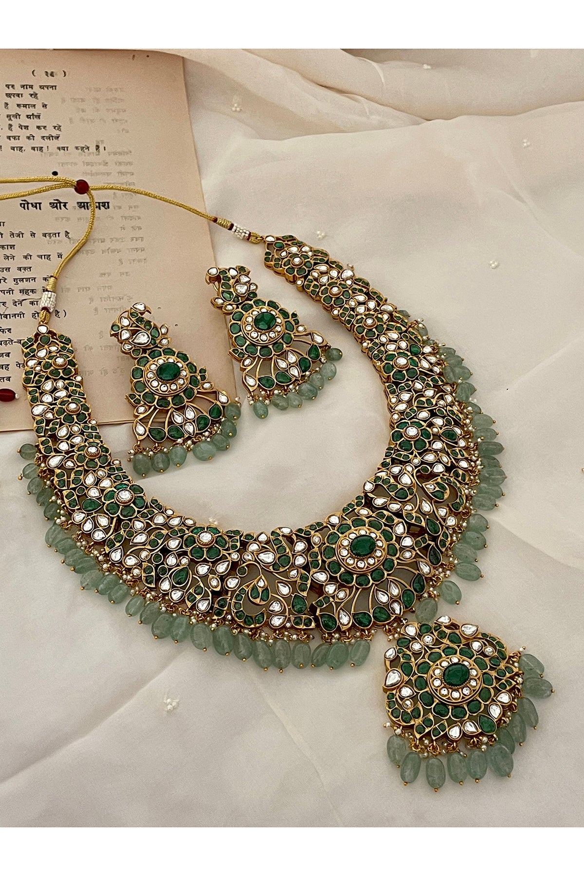 Gold Finish Green Kundan Polki & Beaded Choker Necklace Set