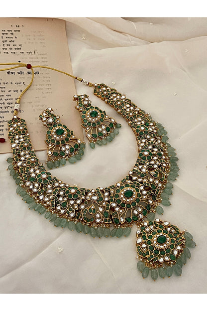 Gold Finish Green Kundan Polki & Beaded Choker Necklace Set