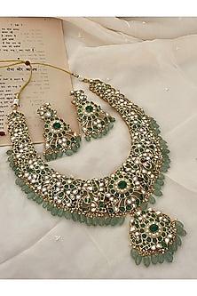 Gold Finish Green Kundan Polki & Beaded Choker Necklace Set