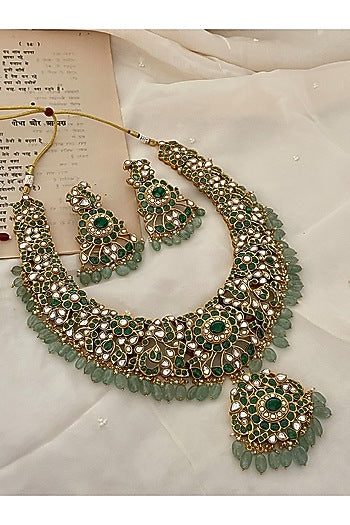 Gold Finish Green Kundan Polki & Beaded Choker Necklace Set