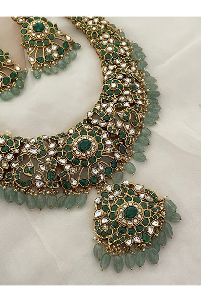 Gold Finish Green Kundan Polki & Beaded Choker Necklace Set