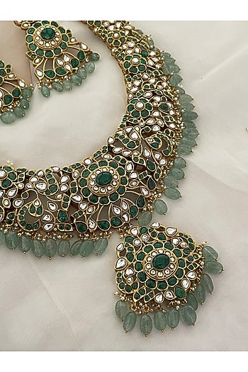 Gold Finish Green Kundan Polki & Beaded Choker Necklace Set