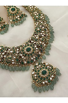 Gold Finish Green Kundan Polki & Beaded Choker Necklace Set