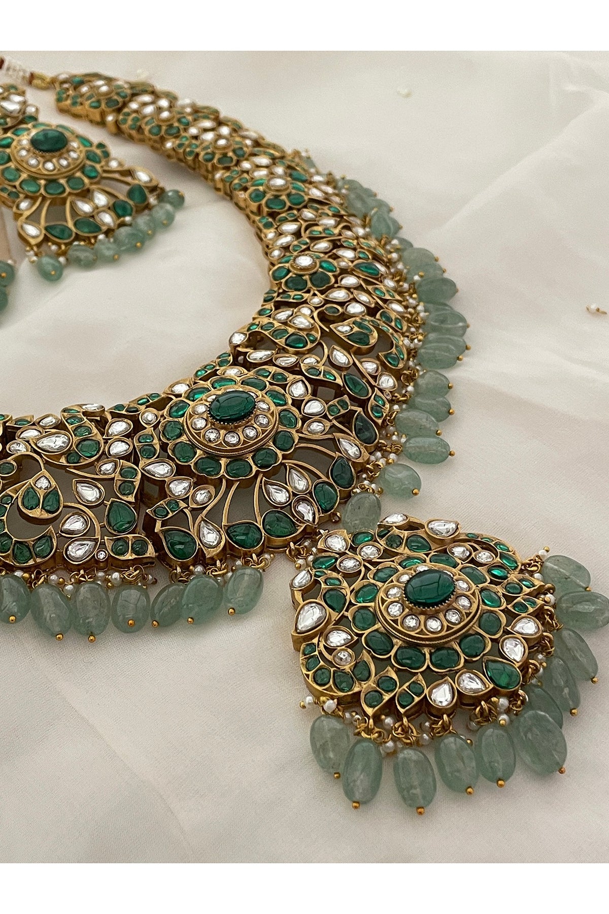Gold Finish Green Kundan Polki & Beaded Choker Necklace Set