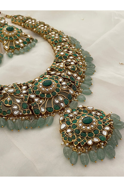 Gold Finish Green Kundan Polki & Beaded Choker Necklace Set