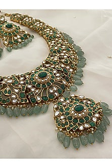 Gold Finish Green Kundan Polki & Beaded Choker Necklace Set