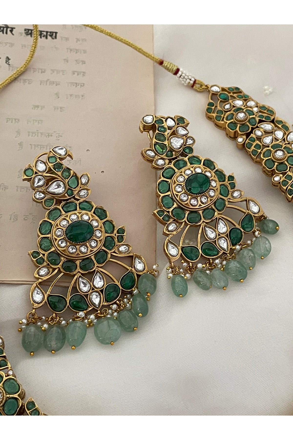 Gold Finish Green Kundan Polki & Beaded Choker Necklace Set