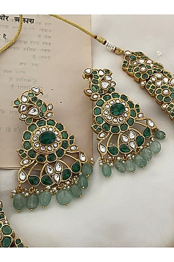 Gold Finish Green Kundan Polki & Beaded Choker Necklace Set