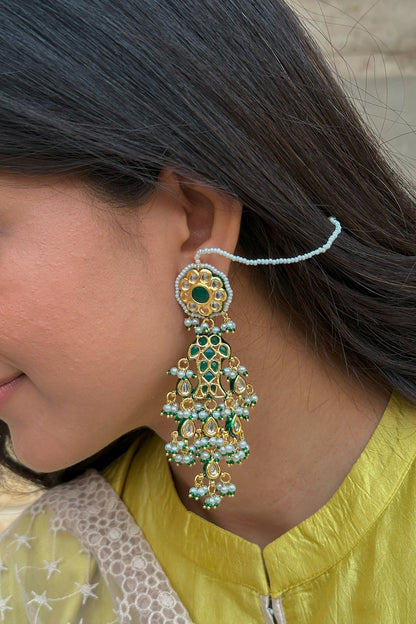 Gold Finish Kundan Polki & Green Beaded Chandbali Earrings