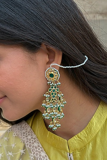 Gold Finish Kundan Polki & Green Beaded Chandbali Earrings