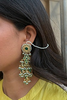 Gold Finish Kundan Polki & Green Beaded Chandbali Earrings
