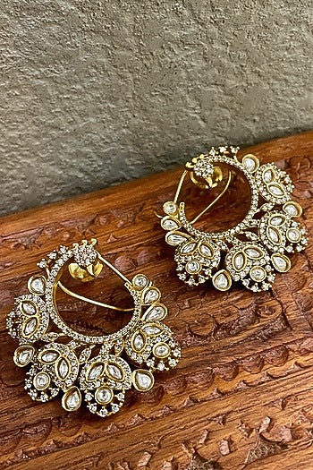 Gold Finish Kundan Polki Hoop Earrings