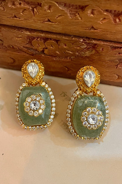 Gold Finish Kundan Polki & Pearl Stud Earrings