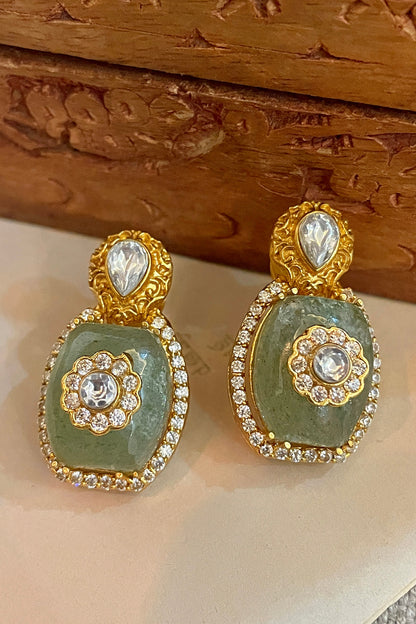 Gold Finish Kundan Polki & Pearl Stud Earrings