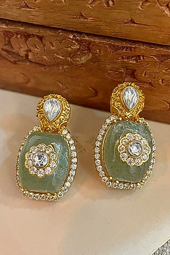 Gold Finish Kundan Polki & Pearl Stud Earrings