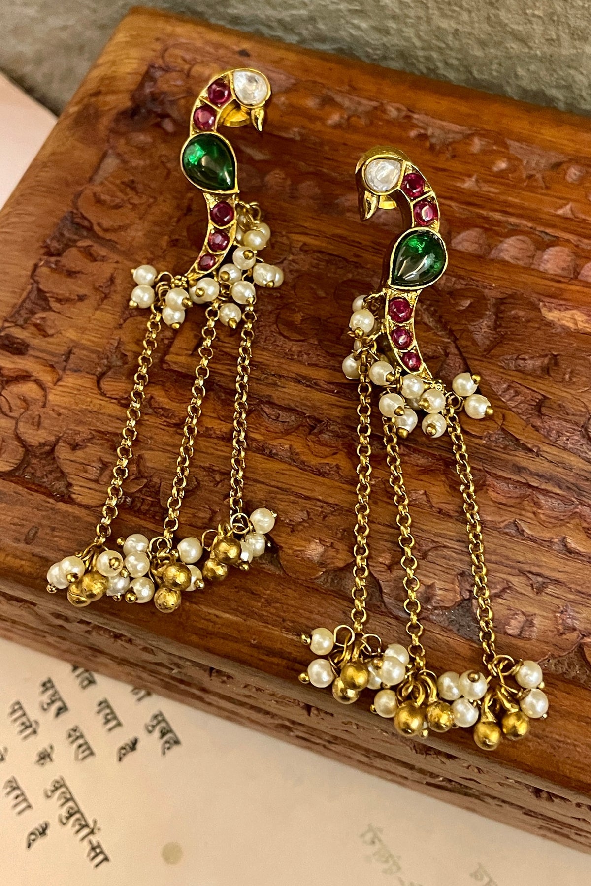 Gold Finish Peacock Motif Chain Dangler Earrings