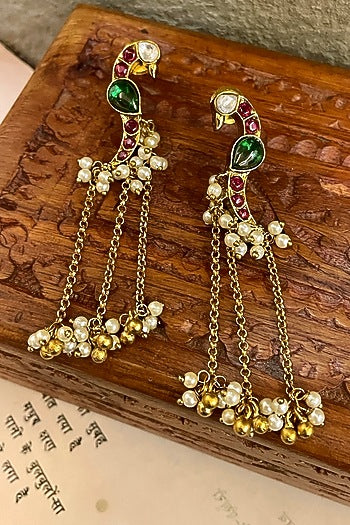 Gold Finish Peacock Motif Chain Dangler Earrings