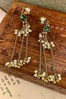 Gold Finish Peacock Motif Chain Dangler Earrings