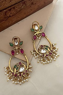 Gold Finish Kundan Polki & Bird Motif Dangler Earrings