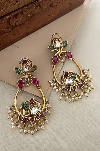 Gold Finish Kundan Polki & Bird Motif Dangler Earrings