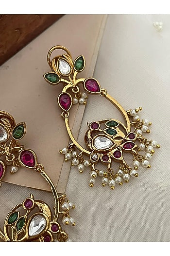 Gold Finish Kundan Polki & Bird Motif Dangler Earrings