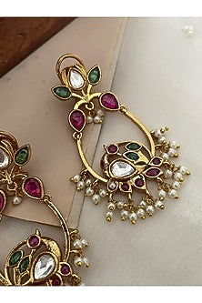 Gold Finish Kundan Polki & Bird Motif Dangler Earrings