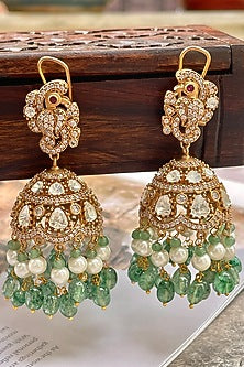 Gold Finish Kundan Polki & Green Beaded Jhumka Earrings