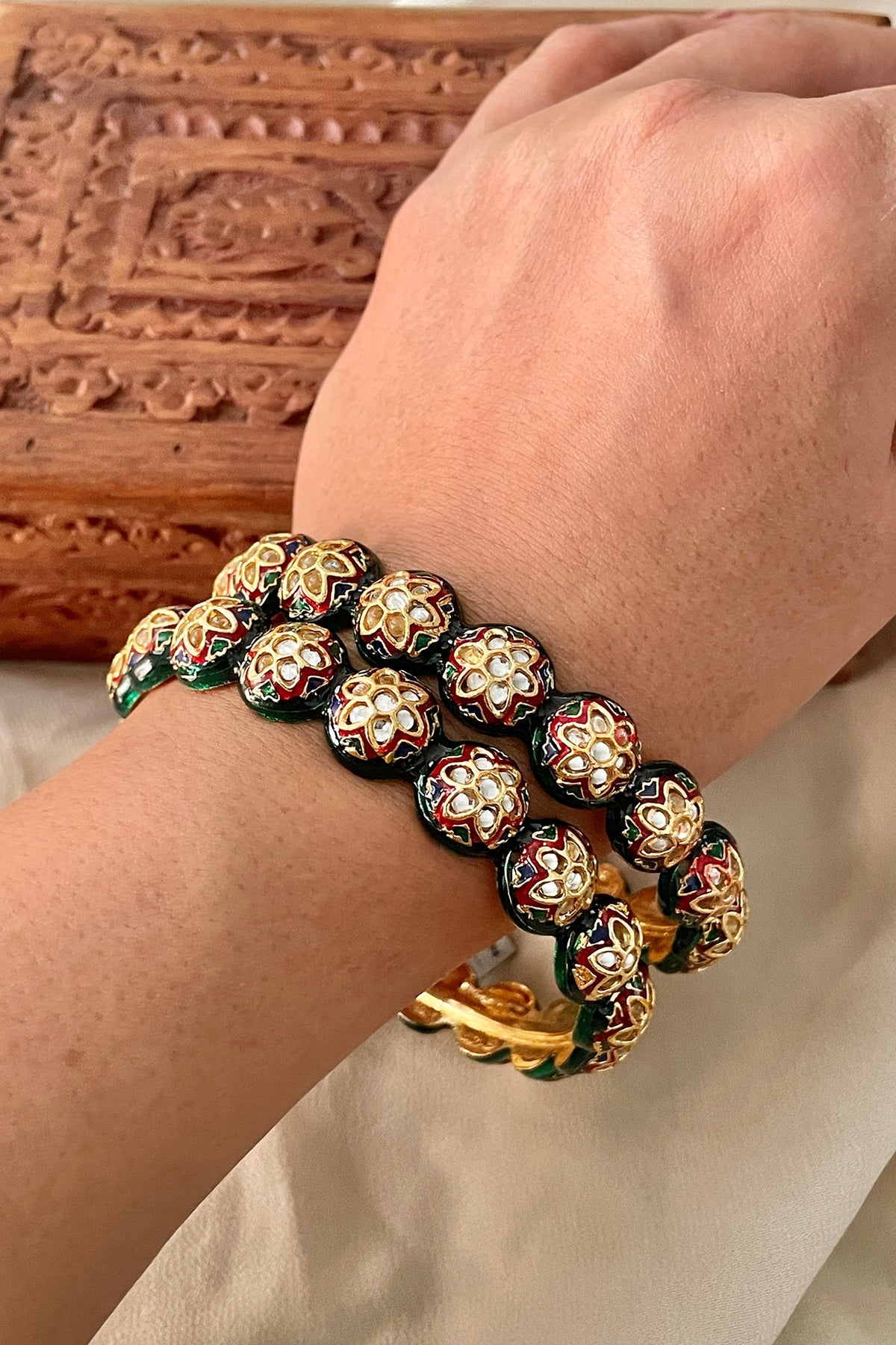 Gold Finish Kundan Polki Meenakari Bangles (Set Of 2)