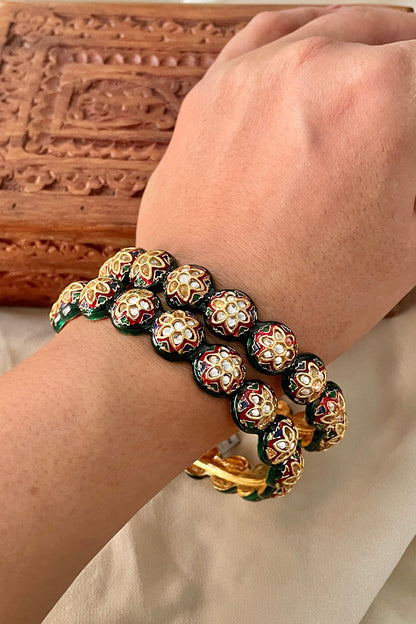 Gold Finish Kundan Polki Meenakari Bangles (Set Of 2)