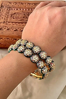 Gold Finish Kundan Polki Meenakari Bangles (Set Of 2)