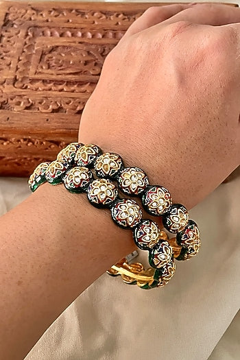 Gold Finish Kundan Polki Meenakari Bangles (Set Of 2)