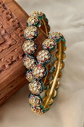 Gold Finish Kundan Polki Meenakari Bangles (Set Of 2)
