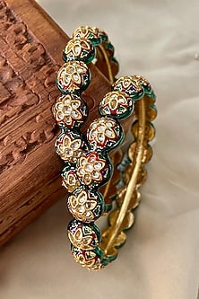 Gold Finish Kundan Polki Meenakari Bangles (Set Of 2)