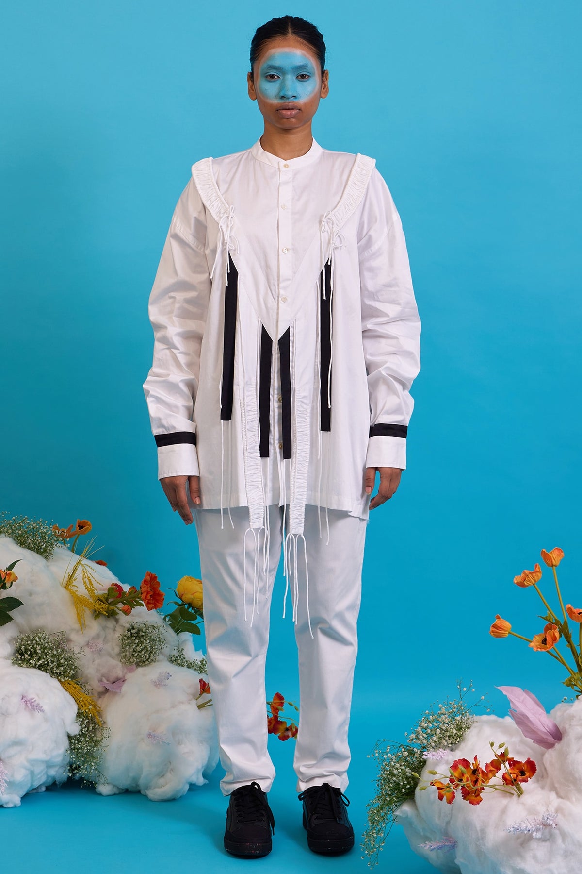 White Giza Cotton Gathered Fringe Shirt