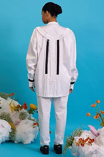 White Giza Cotton Gathered Fringe Shirt