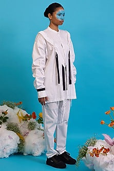 White Giza Cotton Gathered Fringe Shirt