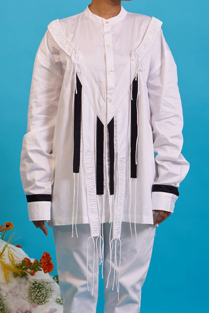 White Giza Cotton Gathered Fringe Shirt