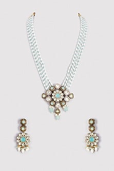 Green Stone & Moissanite Polki Long Necklace Set