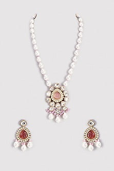 Pink Stone & Moissanite Polki Long Necklace Set