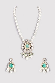 Green Stone & Moissanite Polki Long Necklace Set