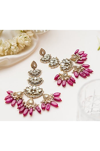 Magenta Kundan Polki Dangler Earrings