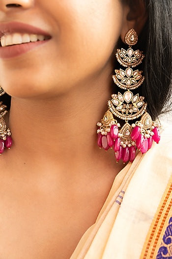 Magenta Kundan Polki Dangler Earrings