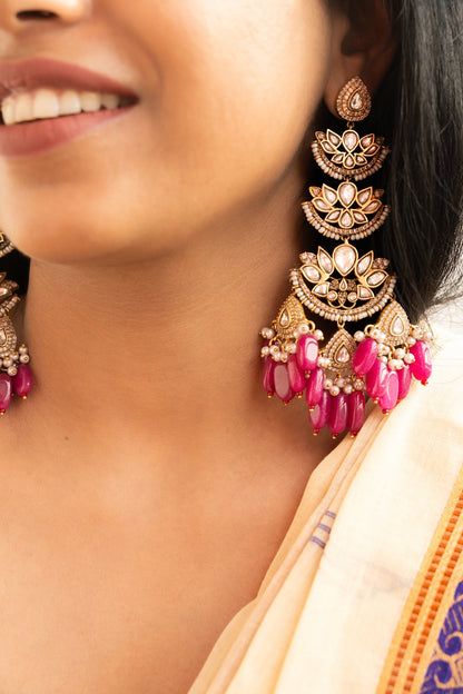 Magenta Kundan Polki Dangler Earrings